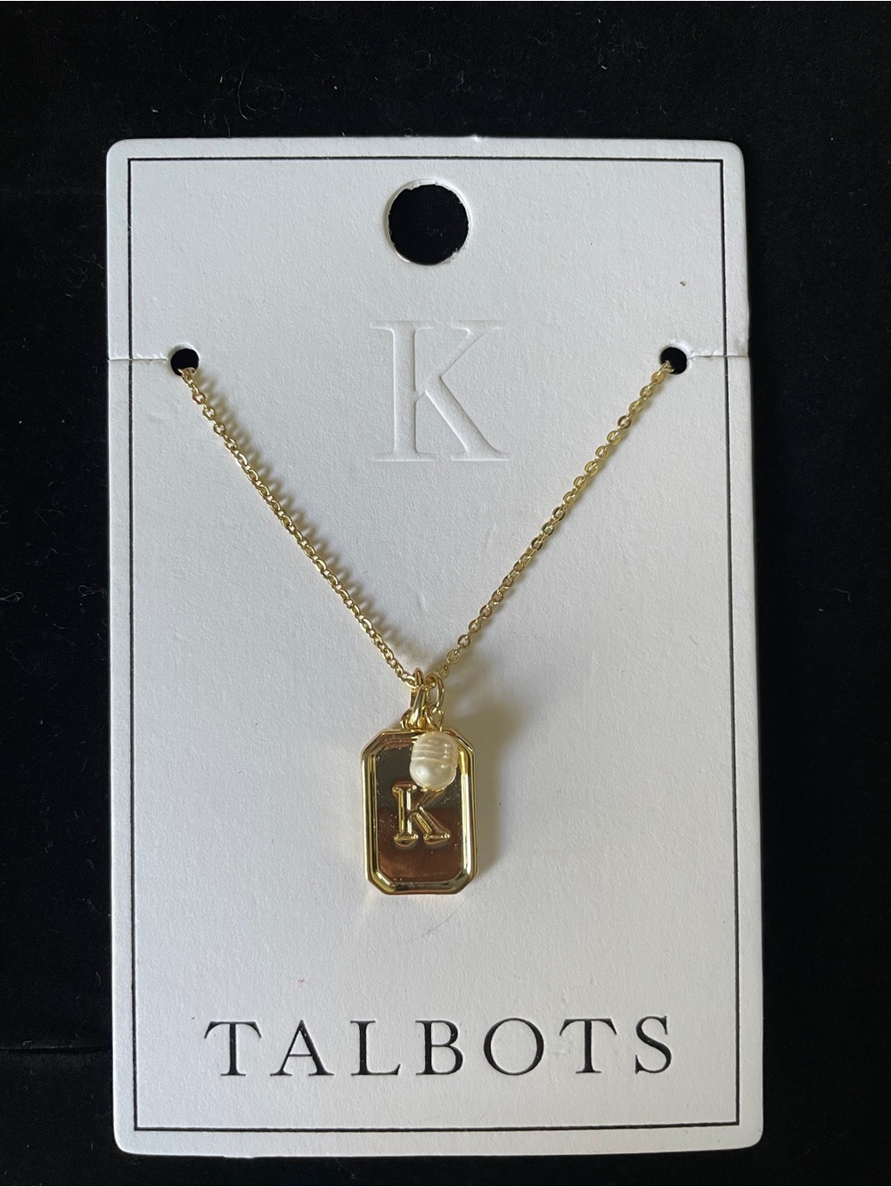 NWT Talbots Gold Tone Initial K Necklace with Pearl Charm
